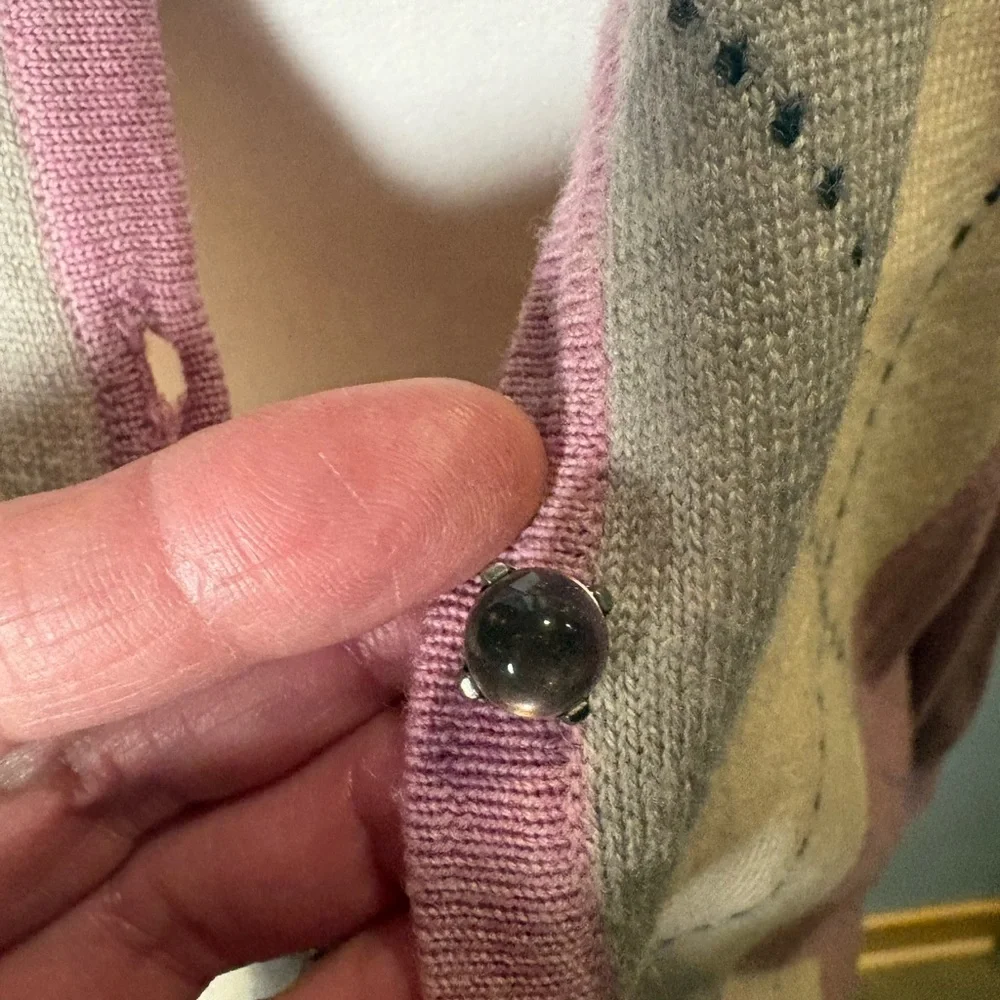 Talbots Argyle Cardigan L 100% Merino Wool Jewel Button Pink Gray Preppy Classic